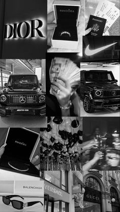 a black and white collage with the word dior written on it, in front of pictures of cars