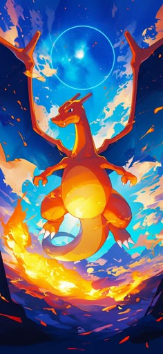 an image of a cartoon character flying through the air with fire and water in front of him