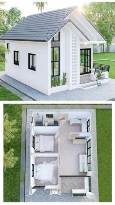 two views of a small white house in the middle of a green yard with furniture