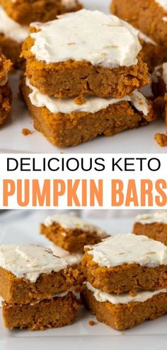 delicious keto pumpkin bars with cream cheese frosting on top and the words, delicious keto pumpkin bars