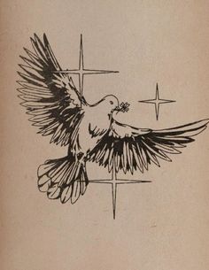 a black and white drawing of a bird with wings spread out, on top of a cross