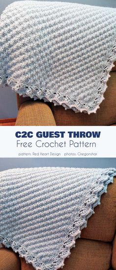 two crocheted afghans sitting on top of a couch with the text, czc guest throw free crochet pattern