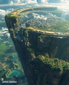 an aerial view of a futuristic city on top of a cliff in the sky with clouds