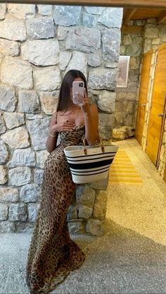 Leopard print dress | leopard print | long dress | animal print dress | beach bag | tote bag | holiday outfits Cabo Aesthetic Outfits, Miami Dinner Outfit, Party Guest Outfit, Beach Town Outfit, Brand Trip, Summer Date Outfit, Cruise Fits, Vacay Fits, Winery Outfit