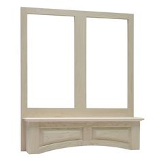 a wooden shelf with two open windows on the top and bottom side, against a white background