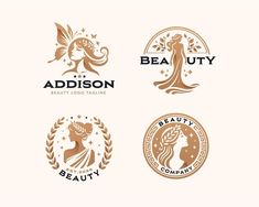 four different logos for beauty products, including an angel and a woman's head