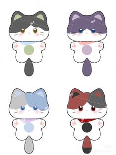 four cartoon cats with different colors and designs on their faces, each wearing a tie