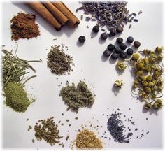 an assortment of spices and herbs on a white surface