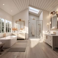 a large bathroom with two sinks and a bathtub next to a walk in shower