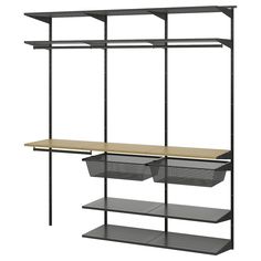 a shelf with two baskets on it and shelves below the shelf are black metal mesh bins