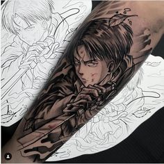 a man's arm with tattoos on it and an anime character in the background