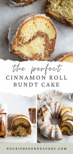 the cinnamon roll bundt cake is cut in half and has been sliced into pieces