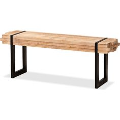 a wooden bench with black metal legs