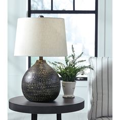 a table with a lamp and potted plant on it