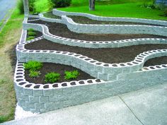 an outdoor garden area with stone walls and plants growing in the ground, along side a sidewalk