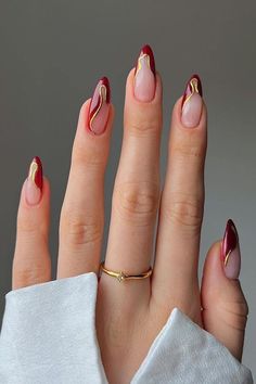 Almond Nails Red And Gold, Elegant Red And Gold Nails, Metallic Almond Nails Designs, Nails Prom Red Dress, Red Gold Almond Nails, Red Nails Unique, Sculpted Gel Nail Designs, Red Modern Nails, Ruby Inspired Nails