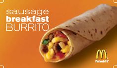 a burrito with meat and vegetables in it on an orange background that says sausage breakfast burrito