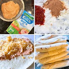 four pictures showing different types of food including tortillas, cheese and sauces