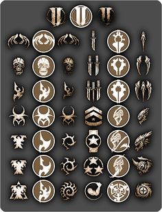 an assortment of different badges and emblems on a black background