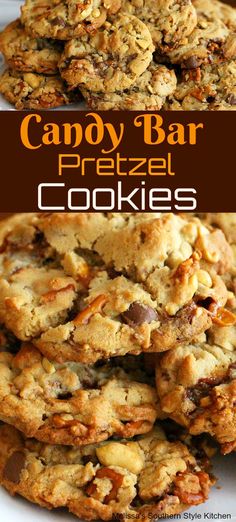 some cookies are stacked on top of each other with the words candy bar pretzel cookies