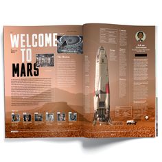 an open magazine with a space shuttle on the front and back pages in red dirt