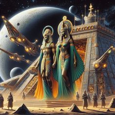 an image of two egyptian gods in front of a space station with aliens and spaceships