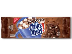 a chocolate bar with marshmallows on top and the words hot cocoa chips ahoy