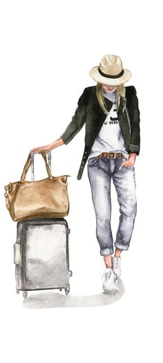 a watercolor painting of a woman with a handbag