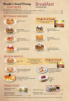 the menu for breakfast is shown with different types of pancakes and other foods on it