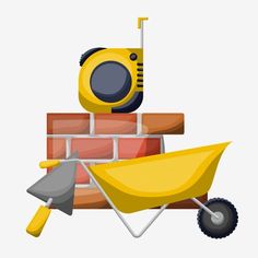 a yellow radio sitting on top of a brick wall next to a shovel and wheelbarrow