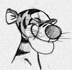 a black and white drawing of a tiger with its head tilted to the side,