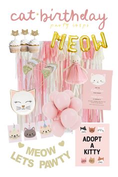 cat birthday party ideas Cool Cat Birthday Party, Cat 3rd Birthday Party, Cat Themed 1st Birthday Party, Kitty Cat Party Ideas, Cat Birthday Theme Girl, Cat Party Decor, Kids Cat Birthday Party, Adopt A Cat Birthday Party, Kitten Birthday Party Ideas