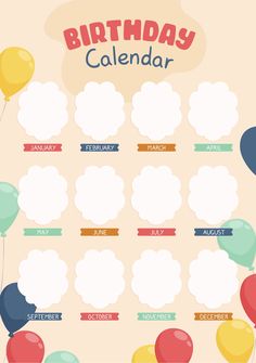 a birthday calendar with balloons and clouds