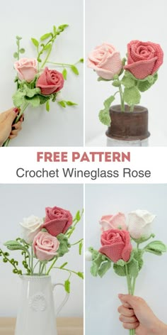 Learn the Wineglass Rose crochet technique with our beginner-friendly PDF pattern. This free resource includes step-by-step photos for easy learning. Crochet Long Stem Rose Pattern Free, Large Crochet Rose Pattern Free, Crochet Primrose Pattern, Crochet Clematis Flower, Crochet Flowers For Valentines, Crochet Flowers With Stems, Crochet Roses Free Pattern Written, Crochet Pattern Gift Ideas, Crochet Flower Animal