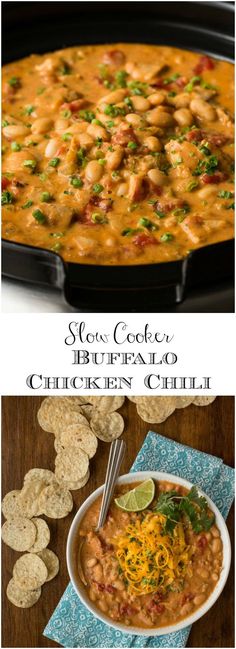 slow cooker buffalo chicken chili with tortilla chips and limes on the side