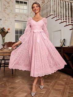 Elegant Sweetheart Neck Lace Lantern Sleeve Belted Waist Fit & Flare D – Lady Luana Fashion & Accessories Aliexpress Dresses, Lace Lanterns, Dress Brokat, Dazzling Dress, Pattern Dress Women, Flair Dress, Short Gowns, Lace Outfit, Elegant Pattern