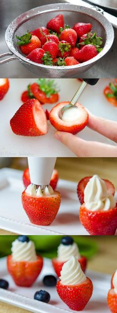 strawberries being dipped with whipped cream and blueberries are shown in four different pictures