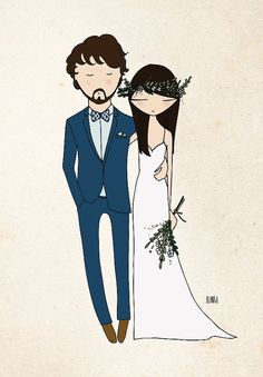 a drawing of a man and woman in wedding attire standing next to each other with flowers on their head