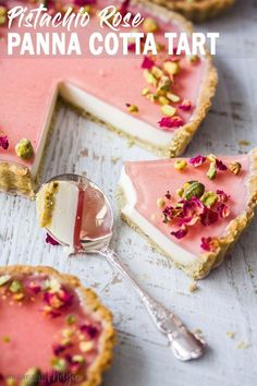 there are several pieces of pie with pink frosting and flowers on top, one slice is missing