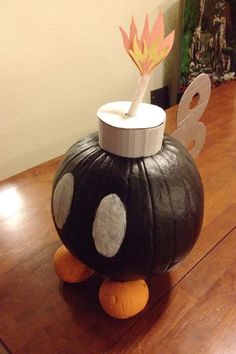 No Carve Bob-omb Pumpkin Painting Decorating Idea Pumpkin Oc, Mario E Luigi, Pumpkin Contest, Pumpkin Painting Ideas