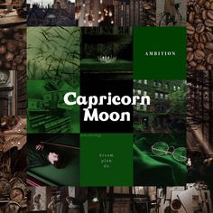 the cover of capricorn moon, featuring green and black collaged images