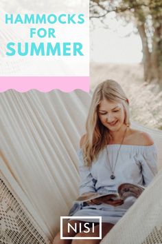 a woman sitting in a hammock reading a book with text overlay that reads,