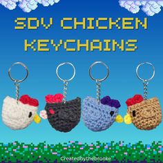 four crocheted chicken keychains are shown in three different colors and sizes