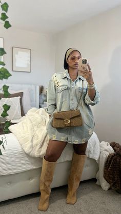 Tan Boots Outfit Black Women, Sand Suede Boots Outfit, Fall Boots Outfit Black Women, Girly Fall Outfits Black Women, Cream Boots Outfit Black Women, How To Style Brown Boots Knee Highs, Dress With Boots Black Women, Fall Outfits With Knee High Boots, Outfits With Boots Black Women