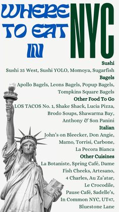 the poster for where to eat in new york, including statue of liberty and other attractions