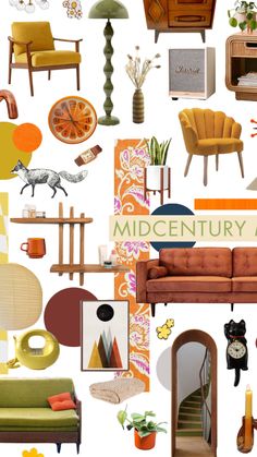 a collage of mid century art with orange and green accents, including chairs, couches, lamps, bookshelves