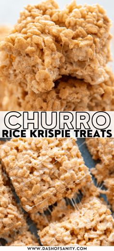 some kind of food that is stacked on top of each other with the words churro rice krispies treats