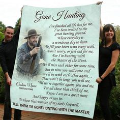 two women and a man holding up a sign with the words gone hunting on it