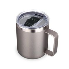 a stainless steel cup with a lid and handle is shown on a white background,