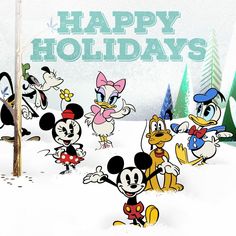 a group of cartoon characters standing next to each other on a snow covered ground with the words happy holidays written above them